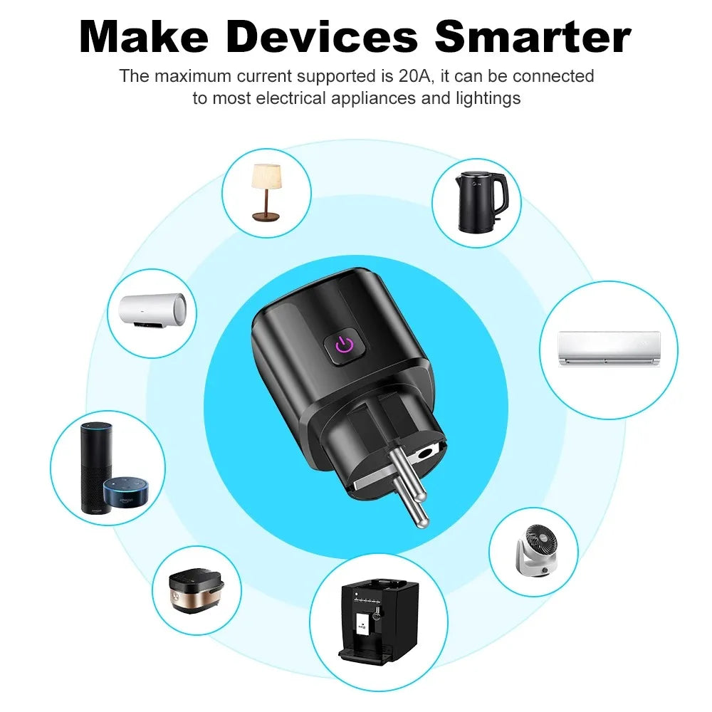 Inteligentne Gniazdko WiFi+Bluetooth 20A Tuya – Pomiar Energii, Timer